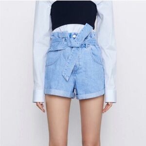 Zara Paperbag Tie Waist High Waisted Denim Shorts.